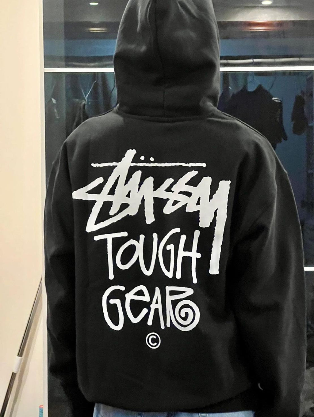 Stüssy Black Tough Gear Hooded Sweatshirt – Graphic Pullover with Front and Back Branding
