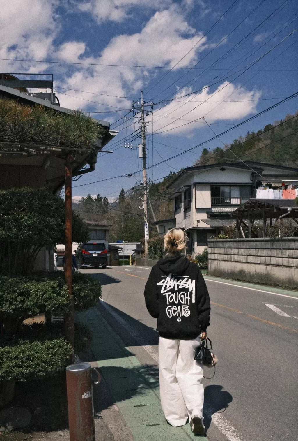 Stüssy Black Tough Gear Hooded Sweatshirt – Graphic Pullover with Front and Back Branding