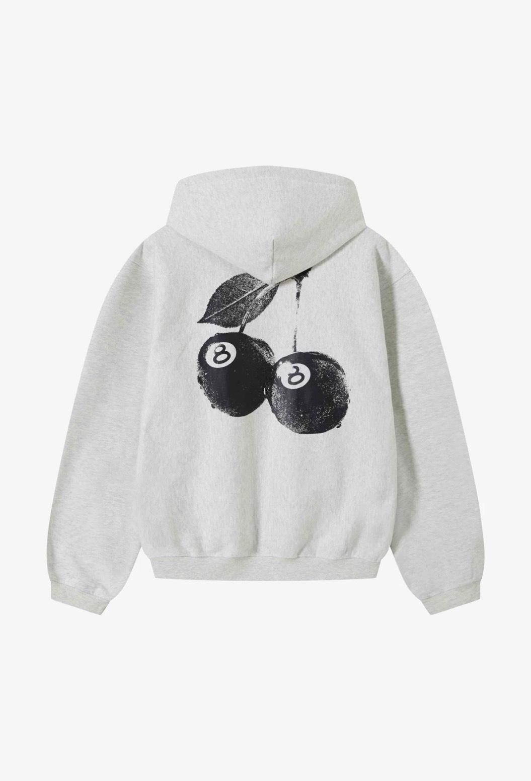 Stüssy Ash Heather Grey 8-Ball Cherries Hooded Sweatshirt – Graphic Pullover with Front Logo
