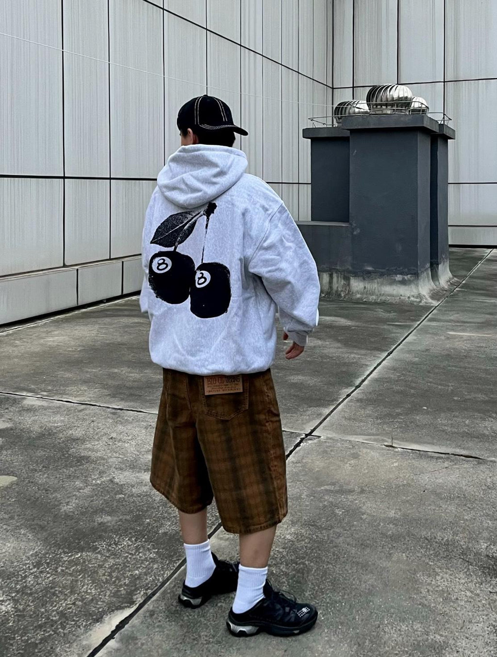 Stüssy Ash Heather Grey 8-Ball Cherries Hooded Sweatshirt – Graphic Pullover with Front Logo