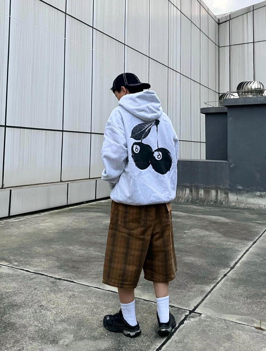 Stüssy Ash Heather Grey 8-Ball Cherries Hooded Sweatshirt – Graphic Pullover with Front Logo