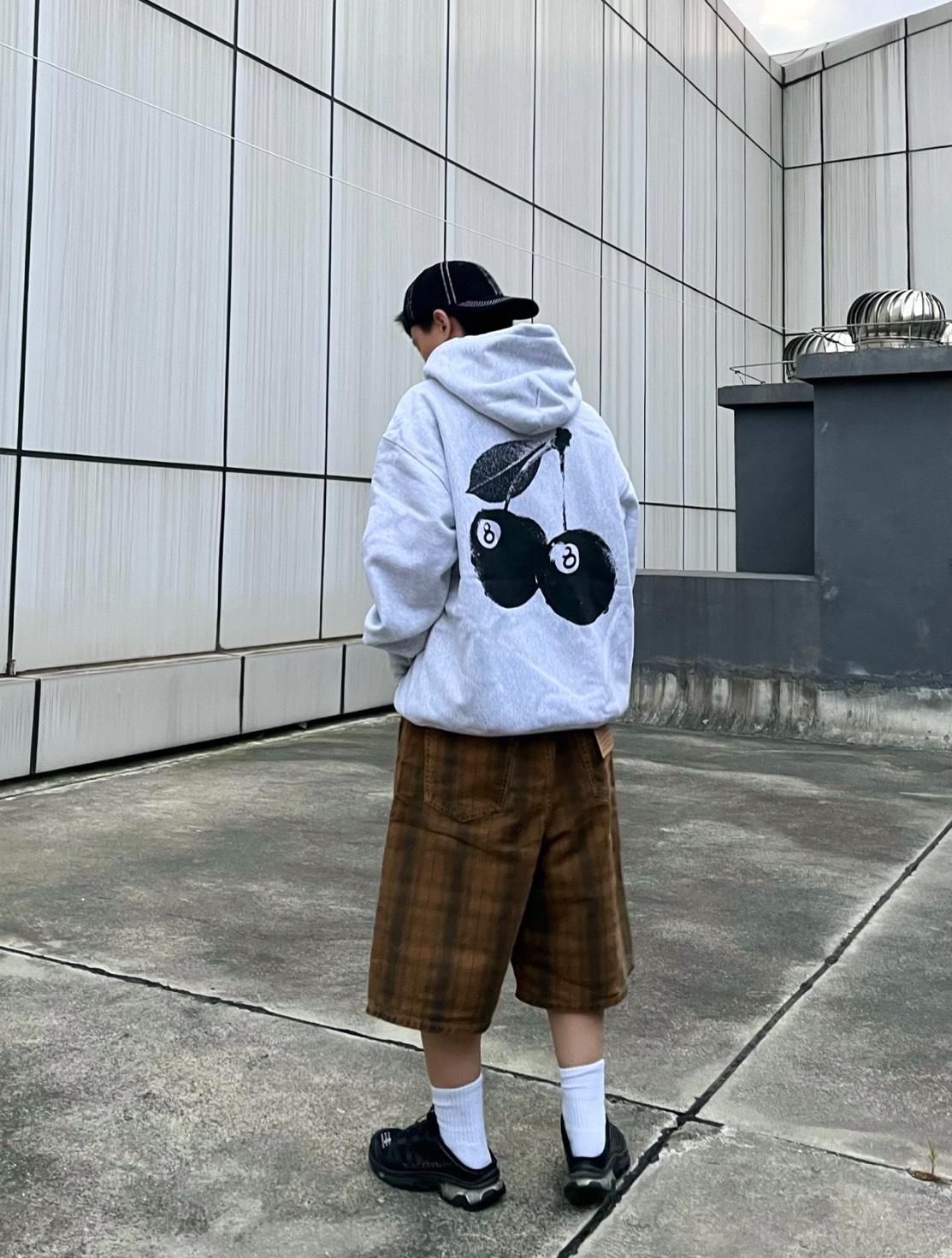 Stüssy Ash Heather Grey 8-Ball Cherries Hooded Sweatshirt – Graphic Pullover with Front Logo