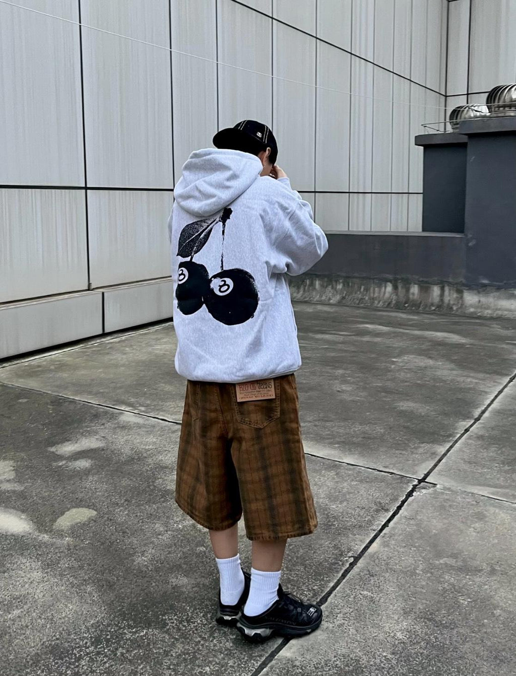 Stüssy Ash Heather Grey 8-Ball Cherries Hooded Sweatshirt – Graphic Pullover with Front Logo