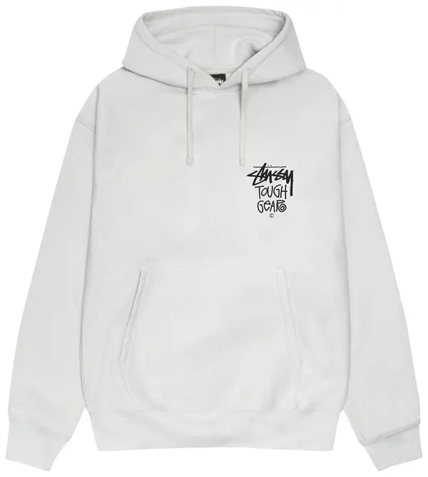 Stüssy Ash Grey Tough Gear Hooded Sweatshirt – Graphic Pullover with Front and Back Branding