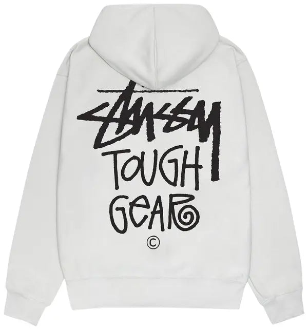 Stüssy Ash Grey Tough Gear Hooded Sweatshirt – Graphic Pullover with Front and Back Branding