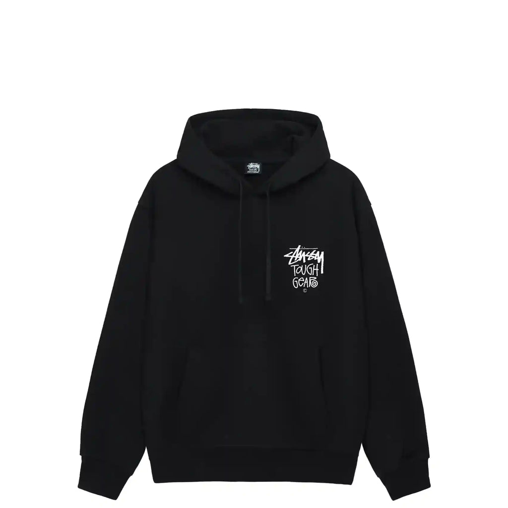Stüssy Black Tough Gear Hooded Sweatshirt – Graphic Pullover with Front and Back Branding