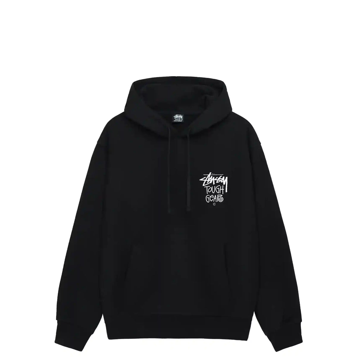 Stüssy Black Tough Gear Hooded Sweatshirt – Graphic Pullover with Front and Back Branding