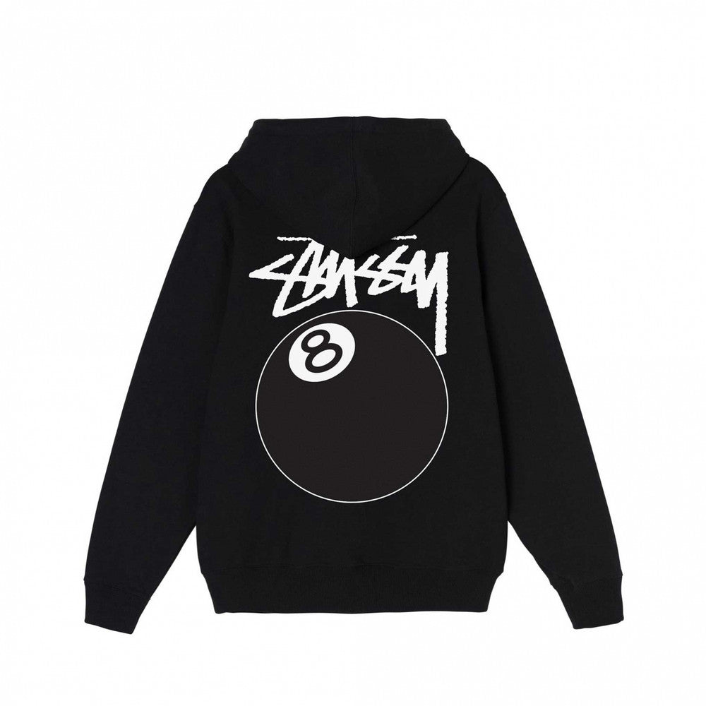 Stüssy Black 8-Ball Hooded Sweatshirt – Graphic Pullover with Front and Back Logo