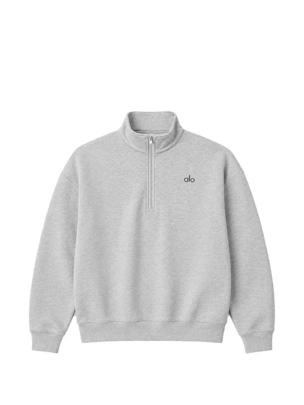 Alo Yoga men's and women's heather grey quarter-zip fleece sweatshirt with a half-zip design and cozy pullover fit.
