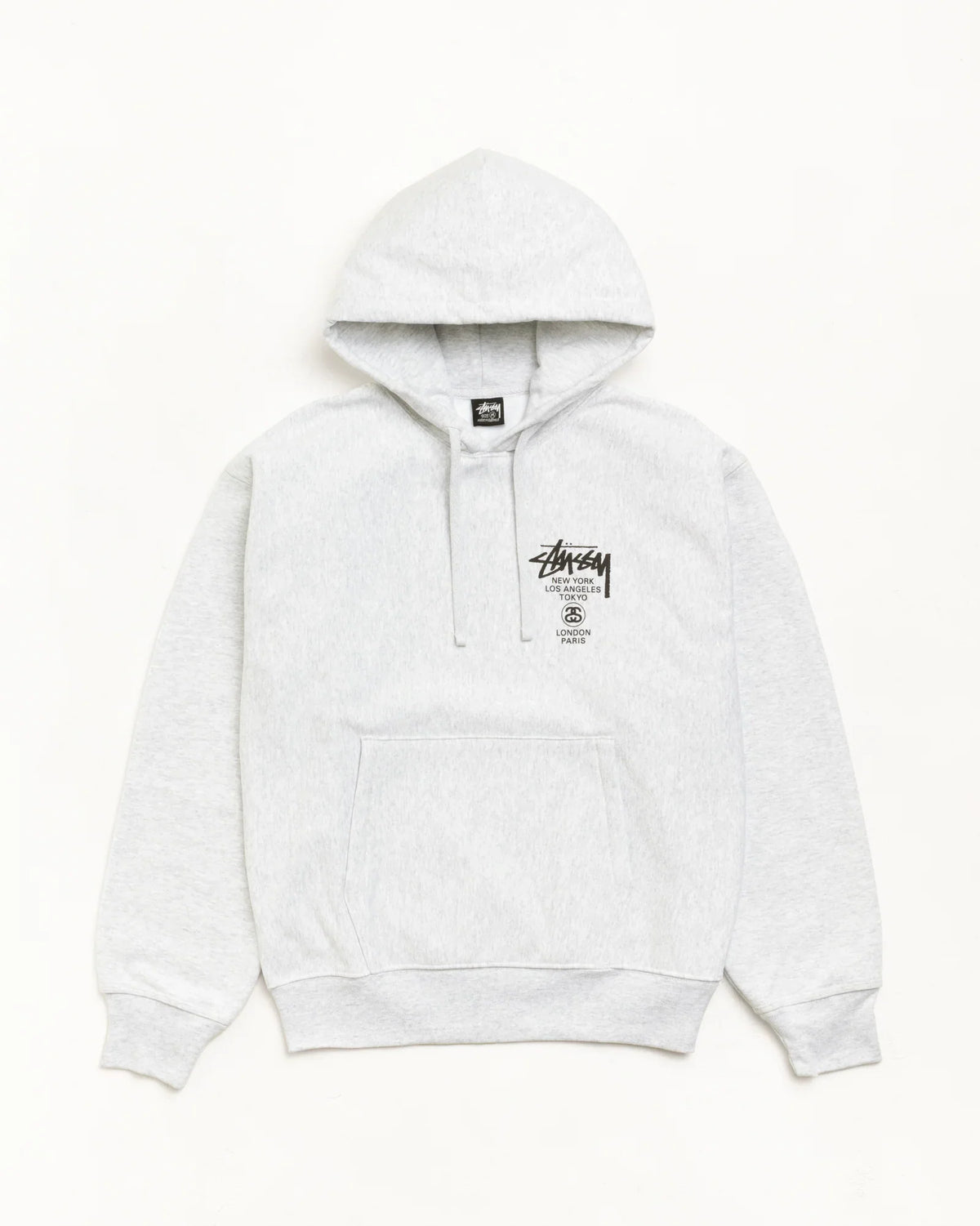 Stüssy Ash Heather Grey World Tour Hooded Sweatshirt – Graphic Pullover with City Print