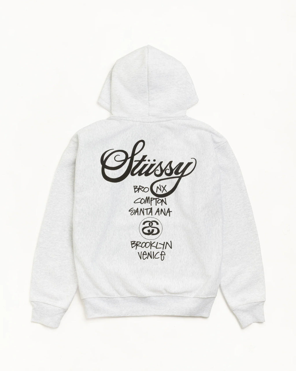 Stüssy Ash Heather Grey World Tour Hooded Sweatshirt – Graphic Pullover with City Print