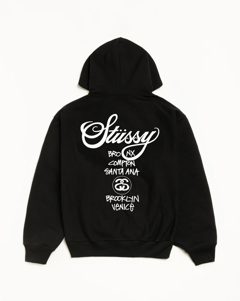 Stüssy Black World Tour Hooded Sweatshirt – Graphic Pullover with City Print