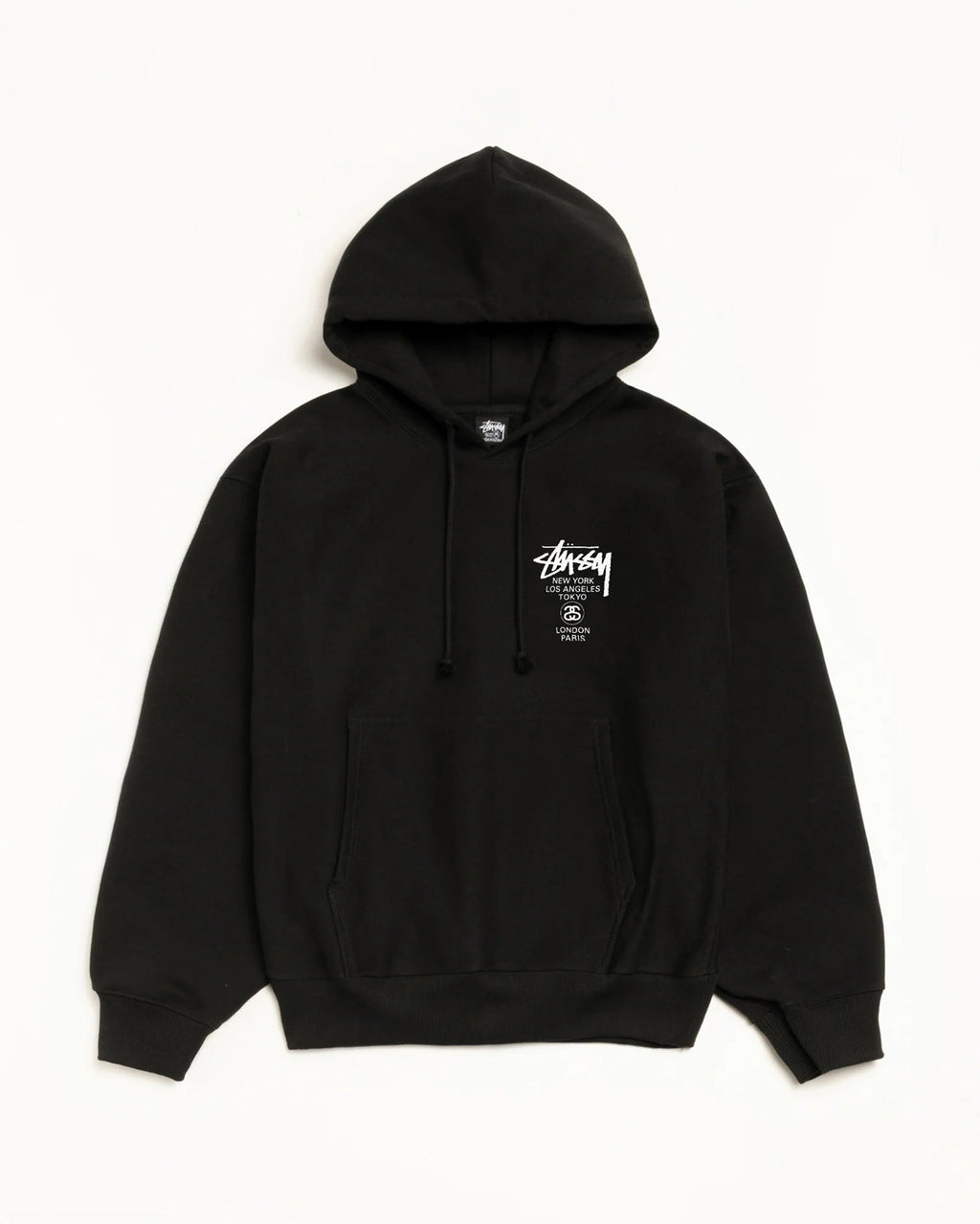 Stüssy Black World Tour Hooded Sweatshirt – Graphic Pullover with City Print