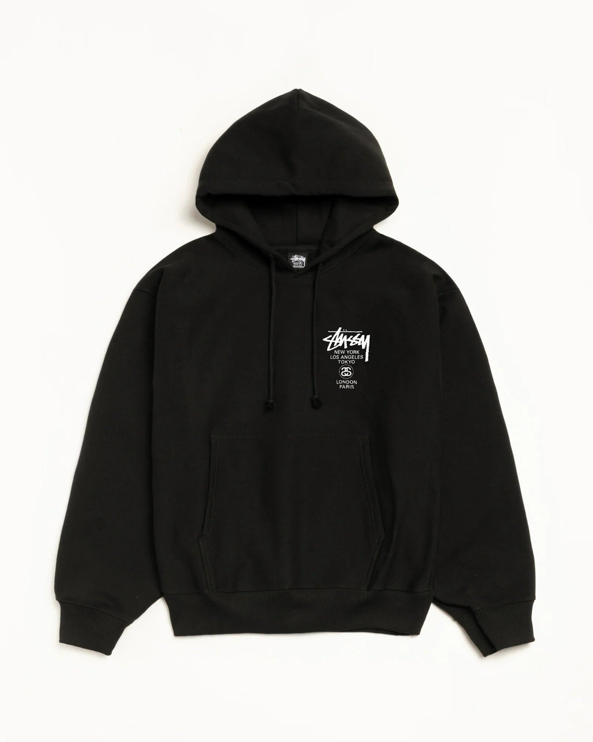 Stüssy Black World Tour Hooded Sweatshirt – Graphic Pullover with City Print