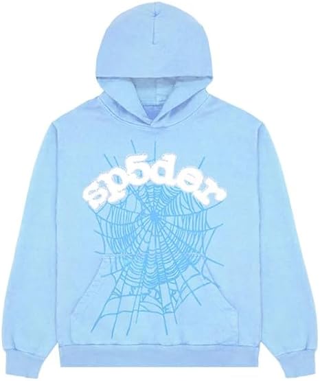 Light blue Sp5der Web Hoodie from THE EA STORE, authentic Young Thug streetwear pullover with Sp5der Essential branding.
