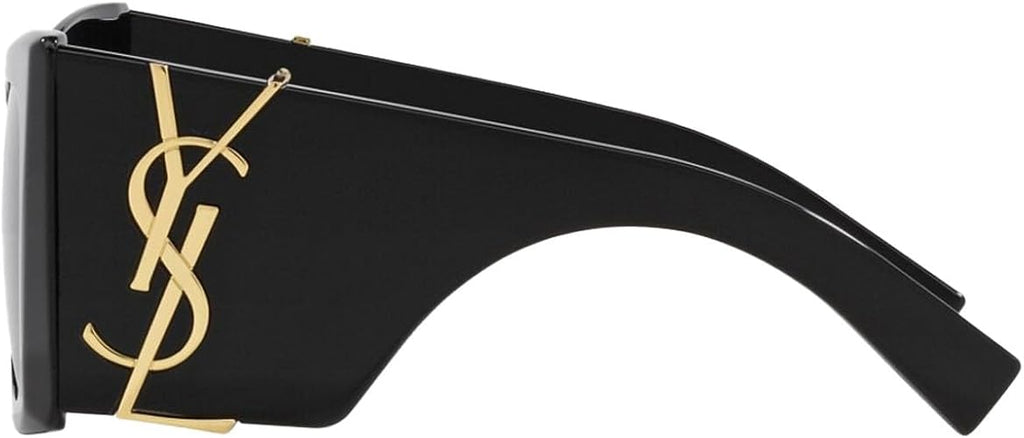 Black oversized sunglasses with a gold-tone YSL logo on the temple, shown against a plain white background.