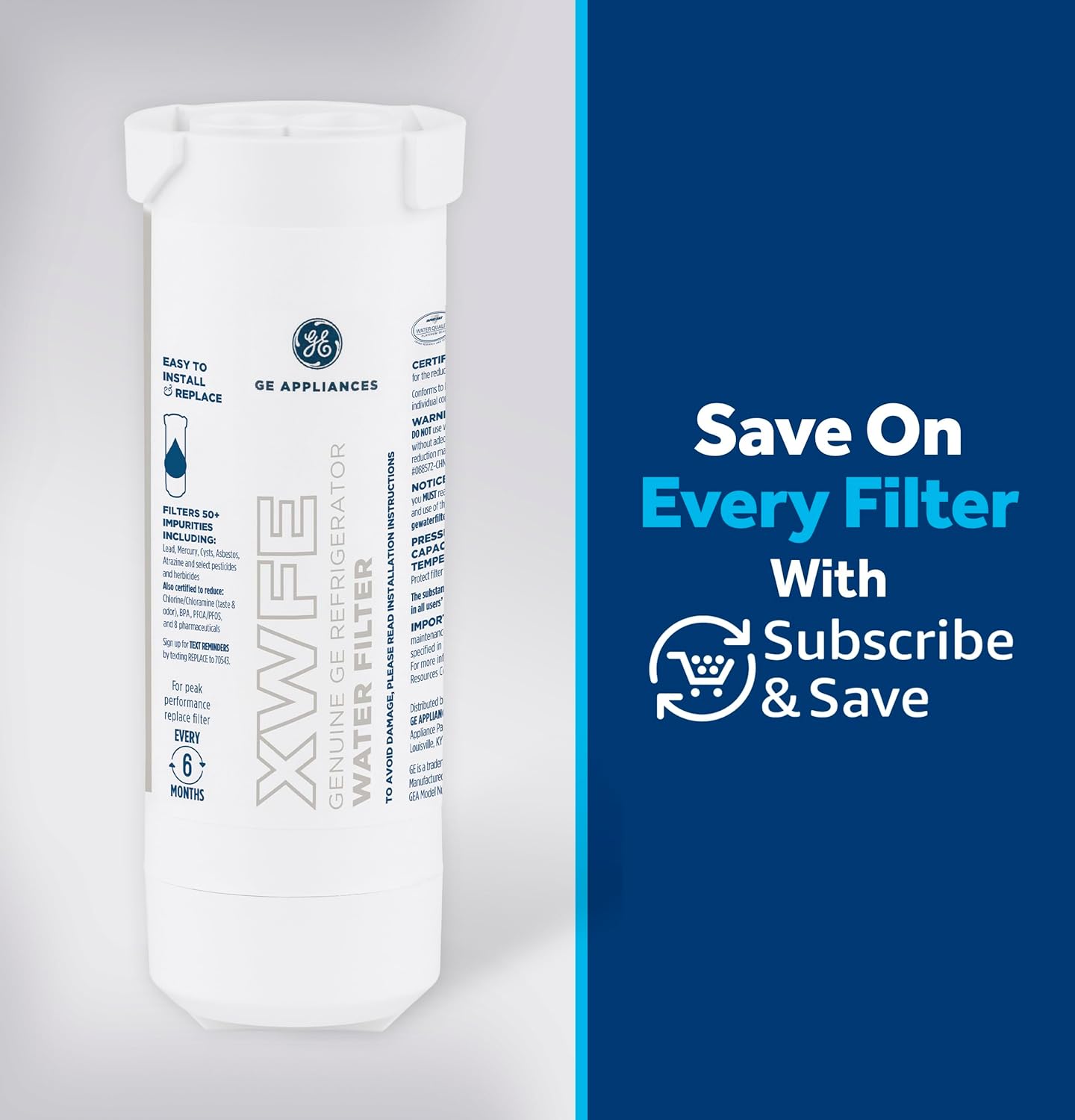GE XWFE Refrigerator Water Filter, Genuine Replacement Filter, Certified to Reduce Lead, Sulfur, and 50+ Other Impurities, Replace Every 6 Months for Best Results