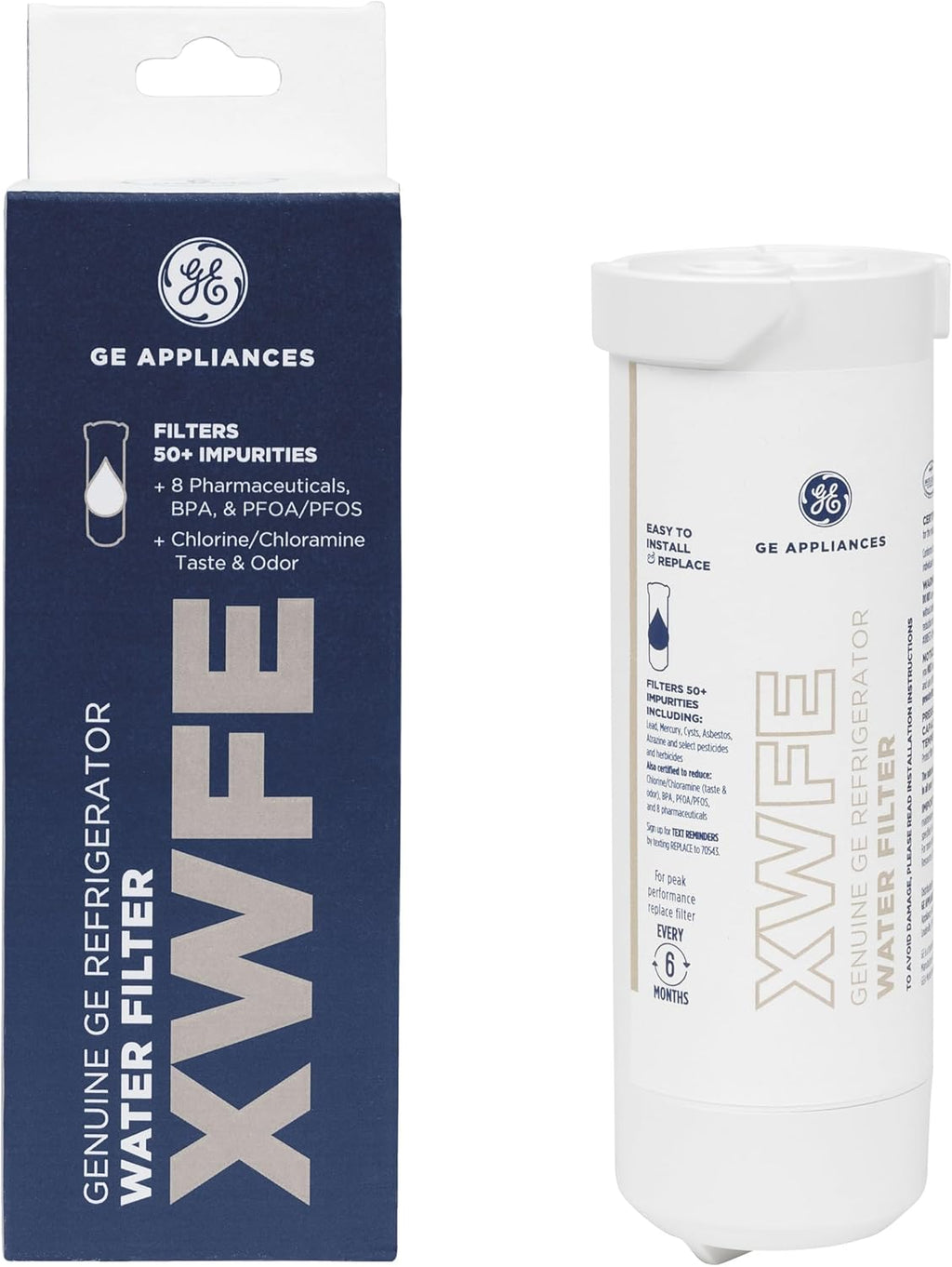GE XWFE Refrigerator Water Filter, Genuine Replacement Filter, Certified to Reduce Lead, Sulfur, and 50+ Other Impurities, Replace Every 6 Months for Best Results