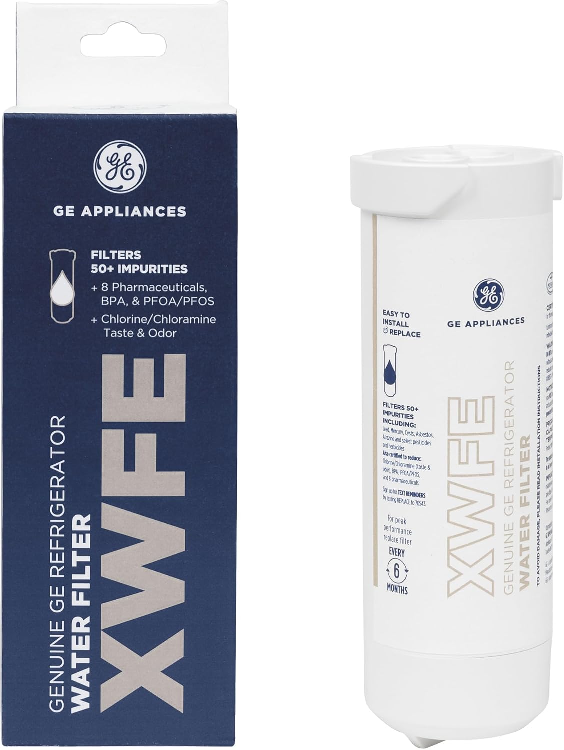 GE XWFE Refrigerator Water Filter, Genuine Replacement Filter, Certified to Reduce Lead, Sulfur, and 50+ Other Impurities, Replace Every 6 Months for Best Results