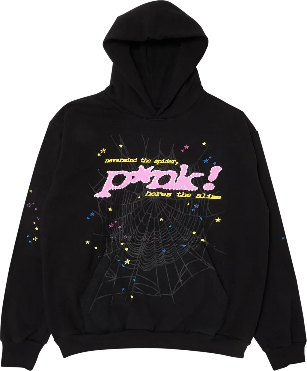 Black Sp5der hoodie featuring "Nevermind The Spider, Here's The Slime" design, authentic Young Thug streetwear pullover by THE EA STORE