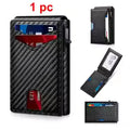 Black carbon fiber wallet with card slots and a small screen on a white background