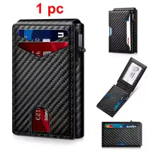 Black carbon fiber wallet with card slots and a small screen on a white background