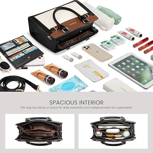 Black handbag with daily essentials and electronic devices on a white background