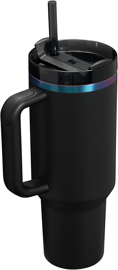 Black insulated mug with handle and straw on a white background