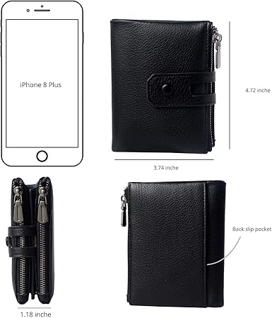 Black leather wallet with measurements and smartphone comparison on a white background