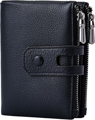 Black leather wallet with zipper and button closure on a white background
