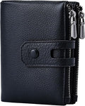 Black leather wallet with zipper and button closure on a white background