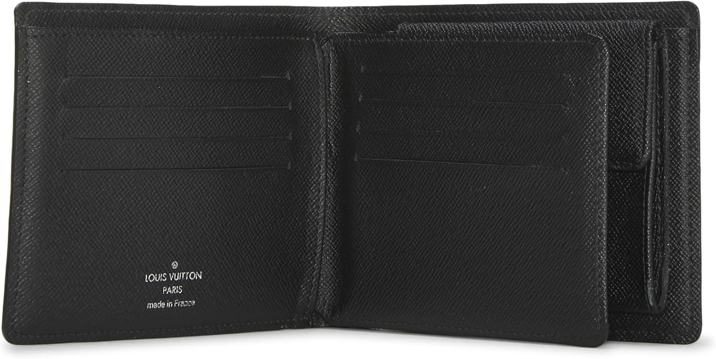 Black wallet with Louis Vuitton branding on a white background