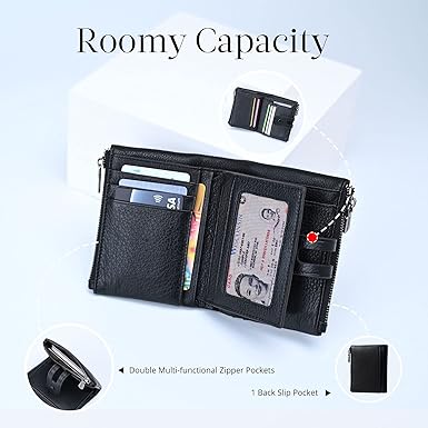 Black wallet with multiple compartments on a light blue background