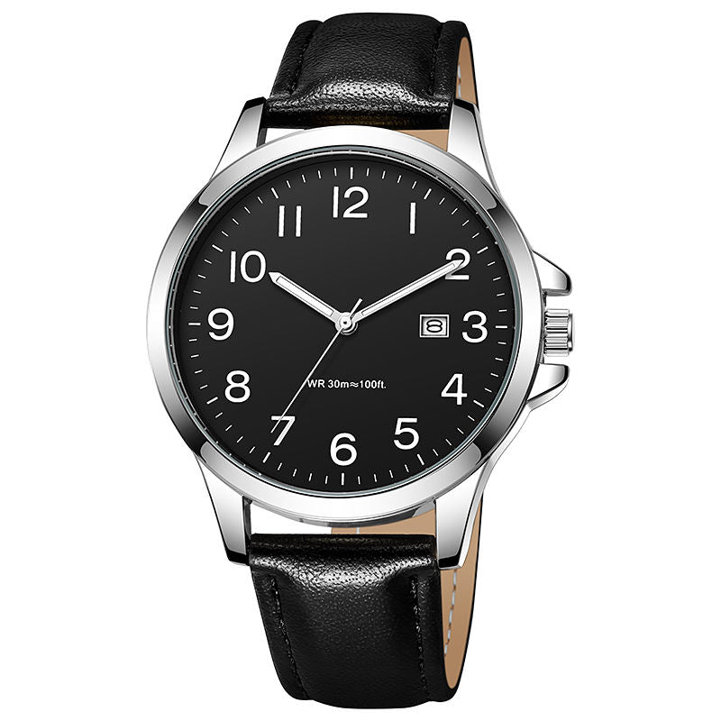 Black wristwatch with a black leather strap on a white background