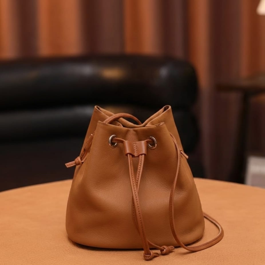 Brown leather drawstring bag on a wooden surface with a blurred background