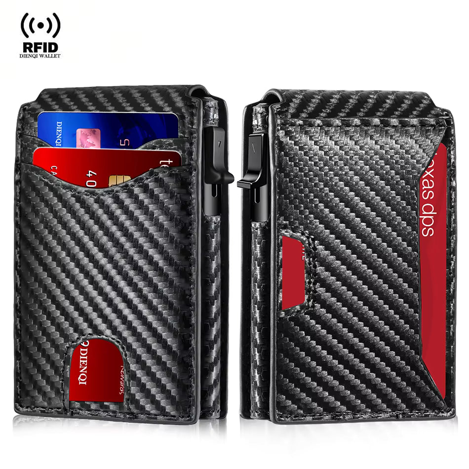 Carbon fiber texture wallet with card slots and visible brand name on a white background