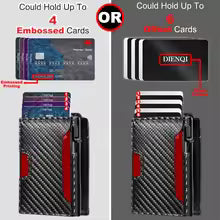 Carbon fiber wallet with red accents holding cards on a gray background