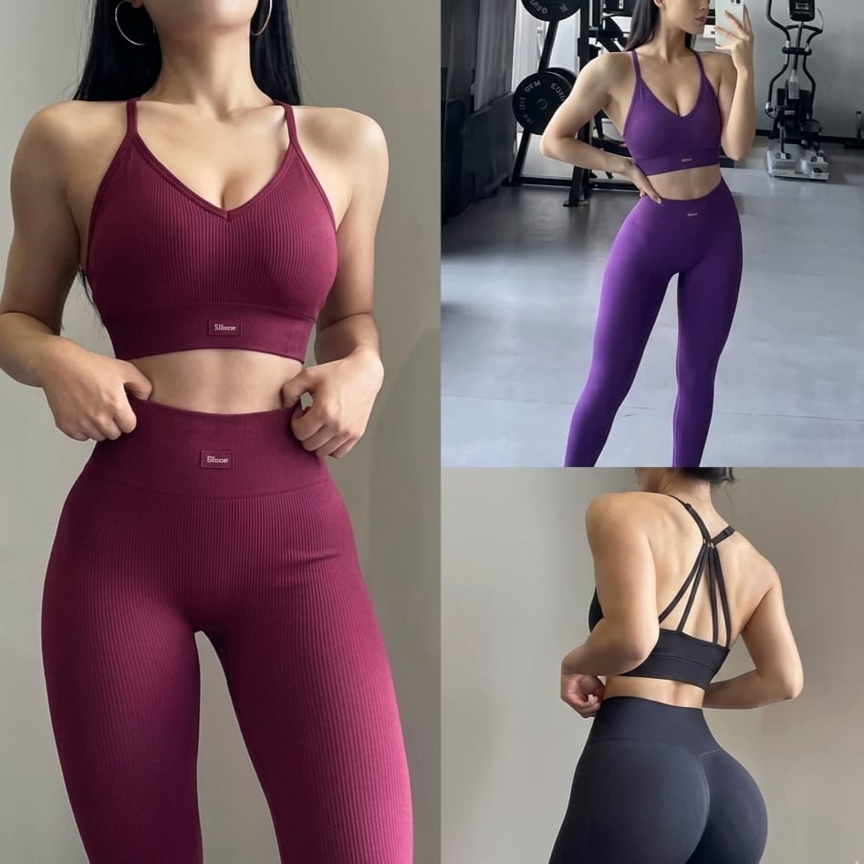 Collage of a person wearing a purple athletic outfit in various poses.