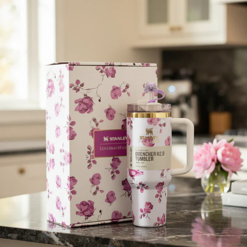 Floral-patterned tumbler and packaging on a kitchen counter