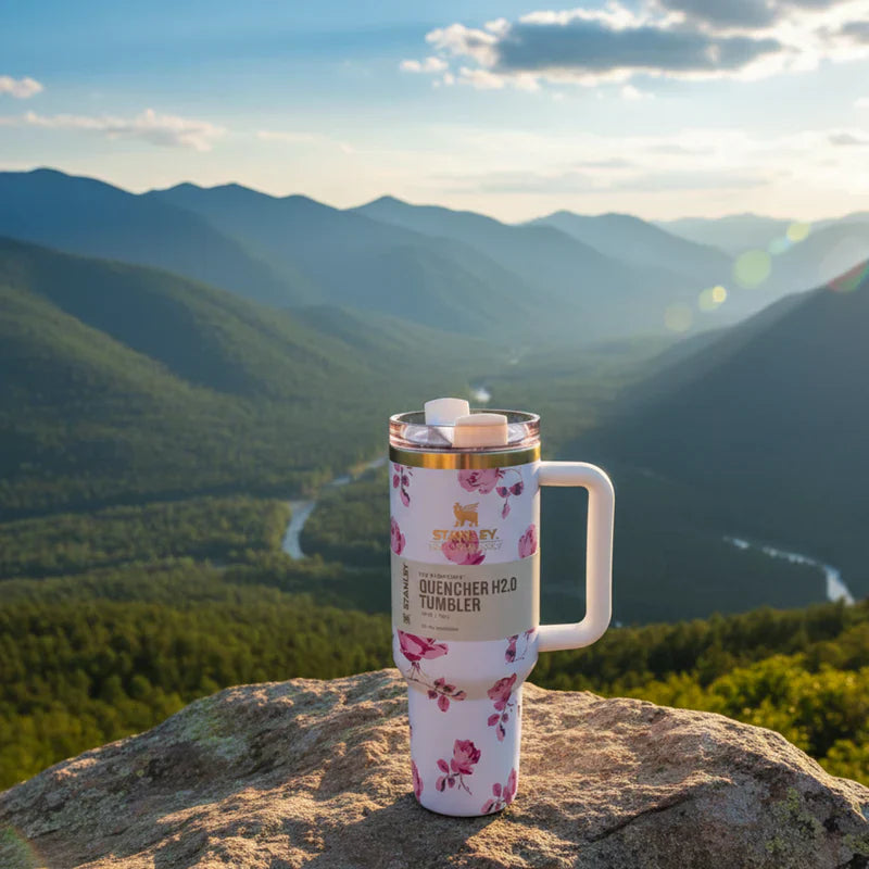 Floral-patterned tumbler on a rock with a mountainous landscape in the background