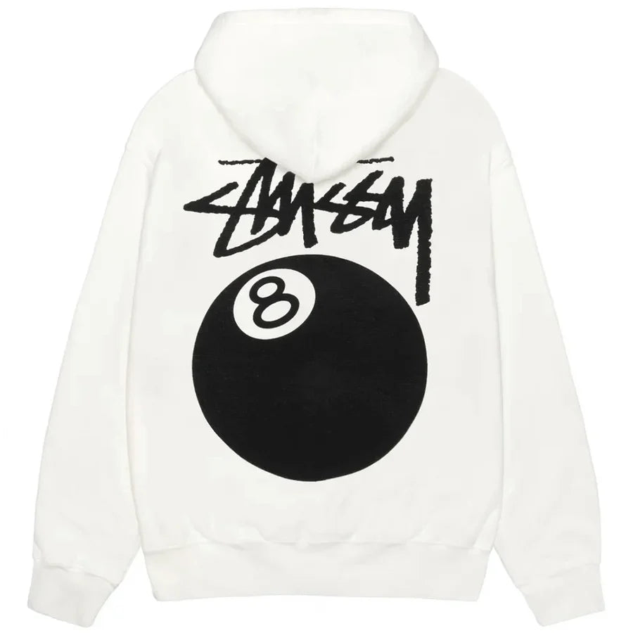 Stüssy White 8-Ball Hooded Sweatshirt – Graphic Pullover with Front and Back Logo