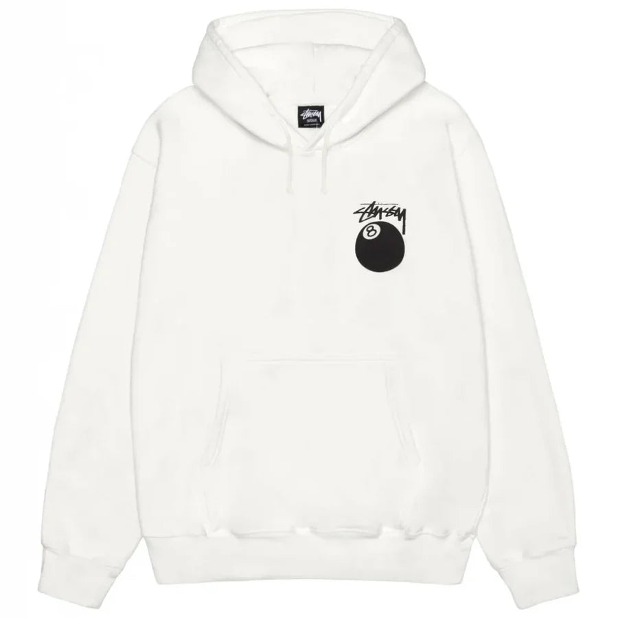 Stüssy White 8-Ball Hooded Sweatshirt – Graphic Pullover with Front and Back Logo