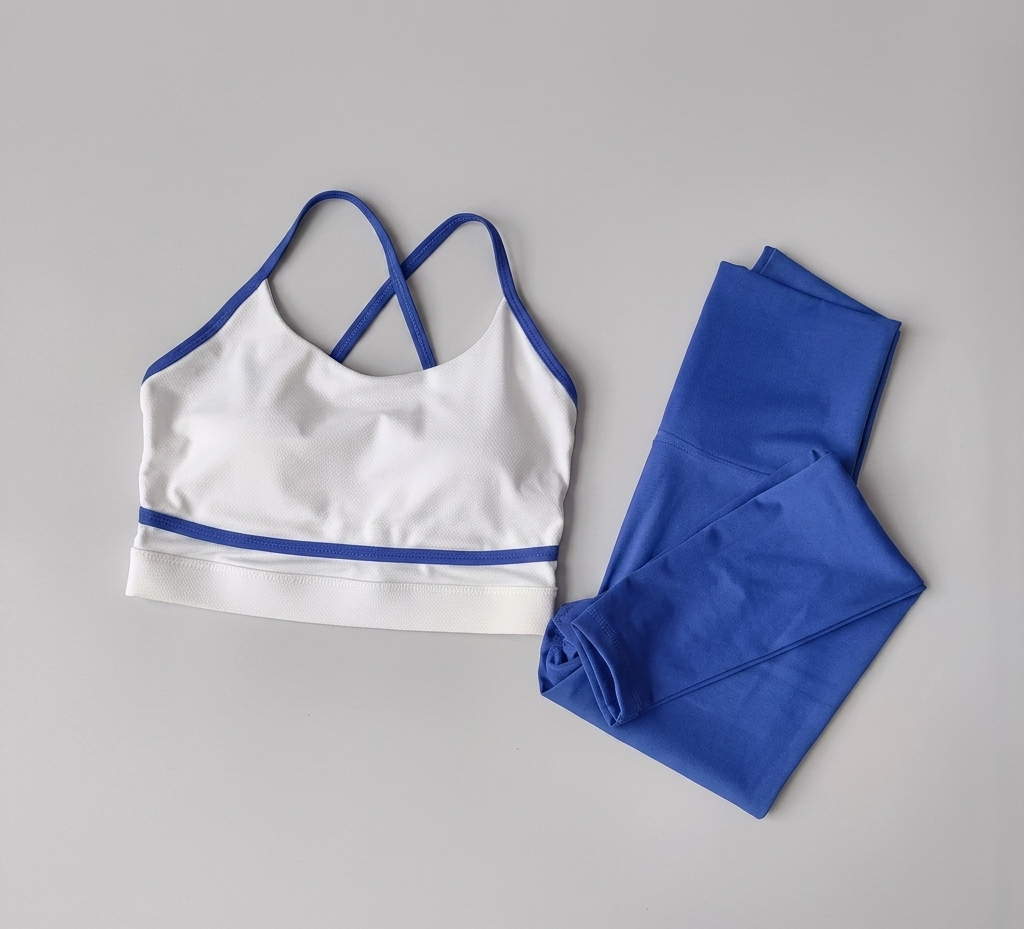 Women’s 2-Piece Yoga Set – High Waist Leggings & Sports Bra Blue and White  Workout Gym Outfit