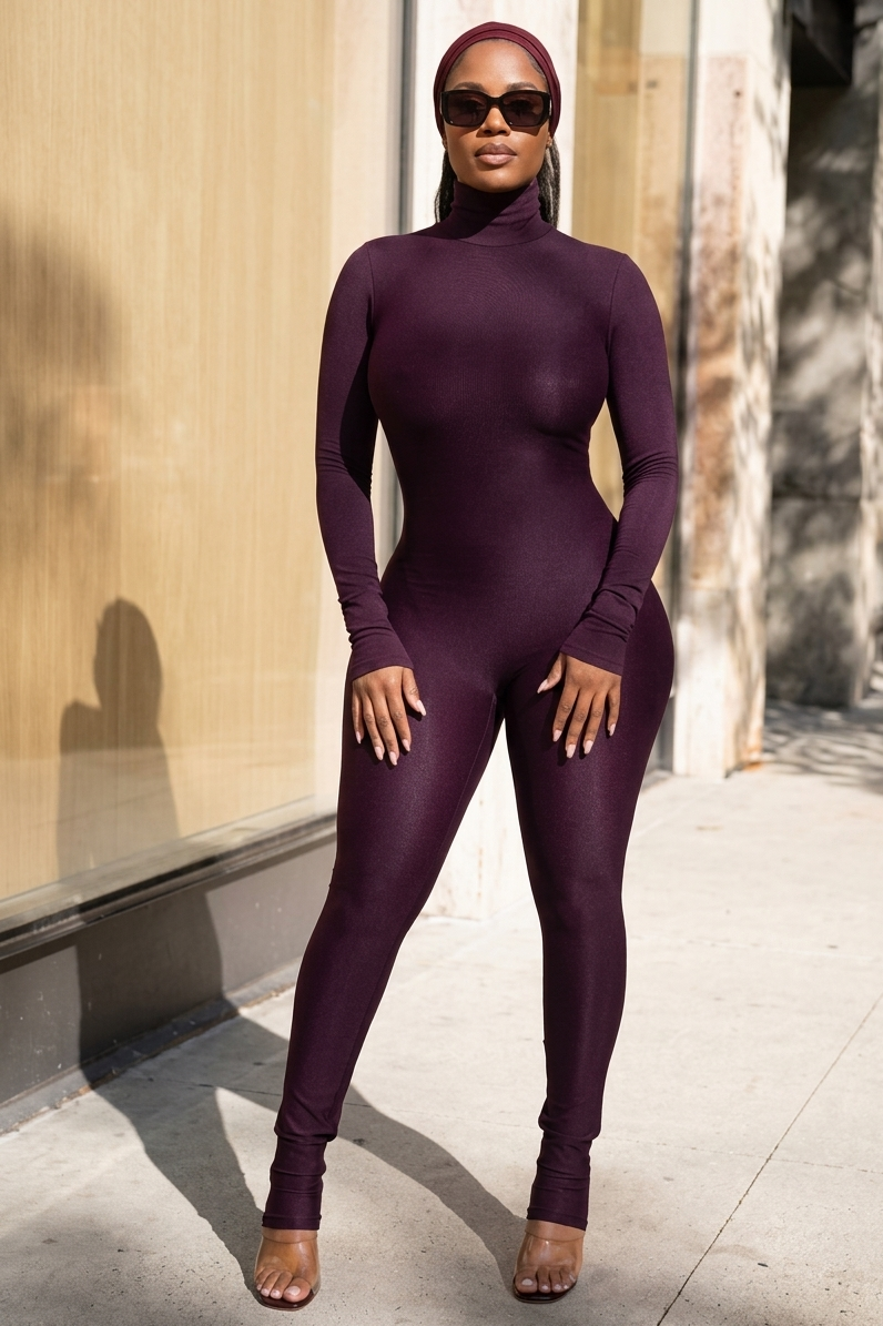 Women’s High Stretch Skinny Jumpsuit – Half High Collar Long Sleeve