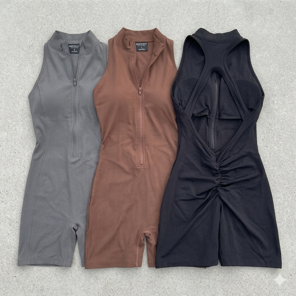 Women’s Scrunch Back Yoga Jumpsuit Shorts – Zipper One Piece Gym Workout Outfit