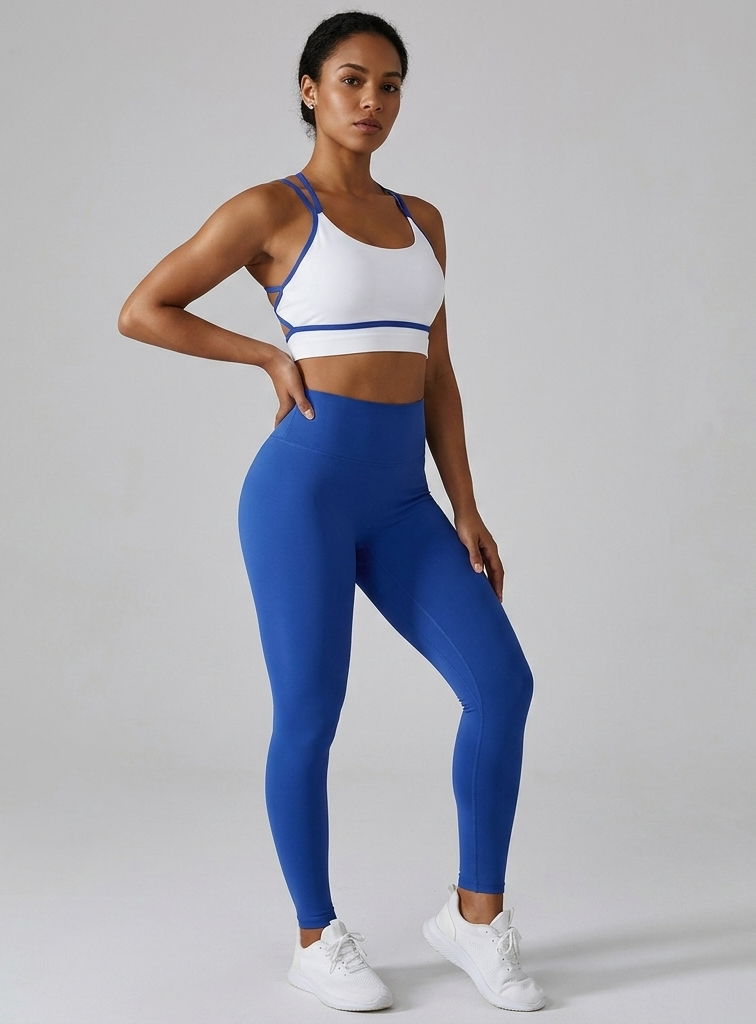 Women’s 2-Piece Yoga Set – High Waist Leggings & Sports Bra Blue and White  Workout Gym Outfit