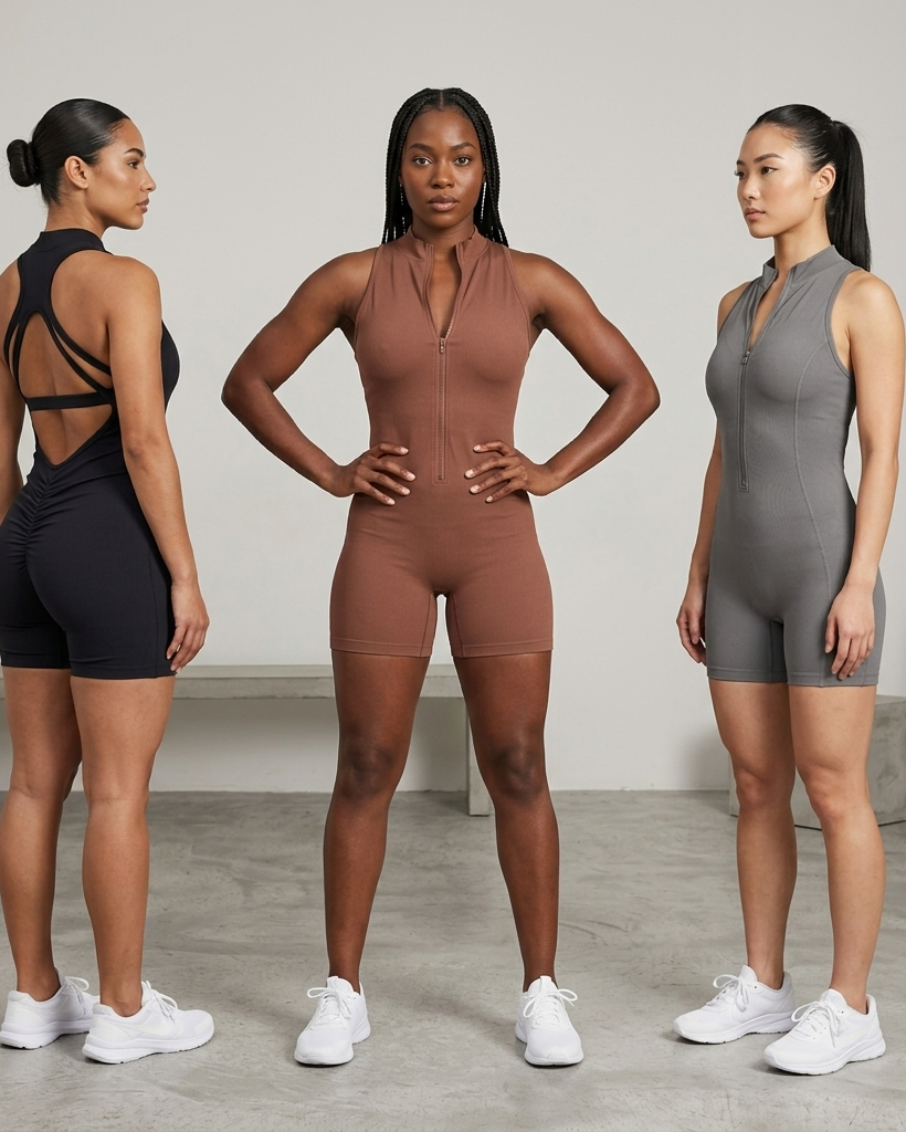 Women’s Scrunch Back Yoga Jumpsuit Shorts – Zipper One Piece Gym Workout Outfit