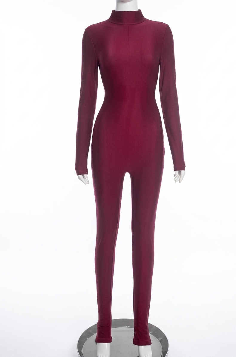 Women’s High Stretch Skinny Jumpsuit – Half High Collar Long Sleeve
