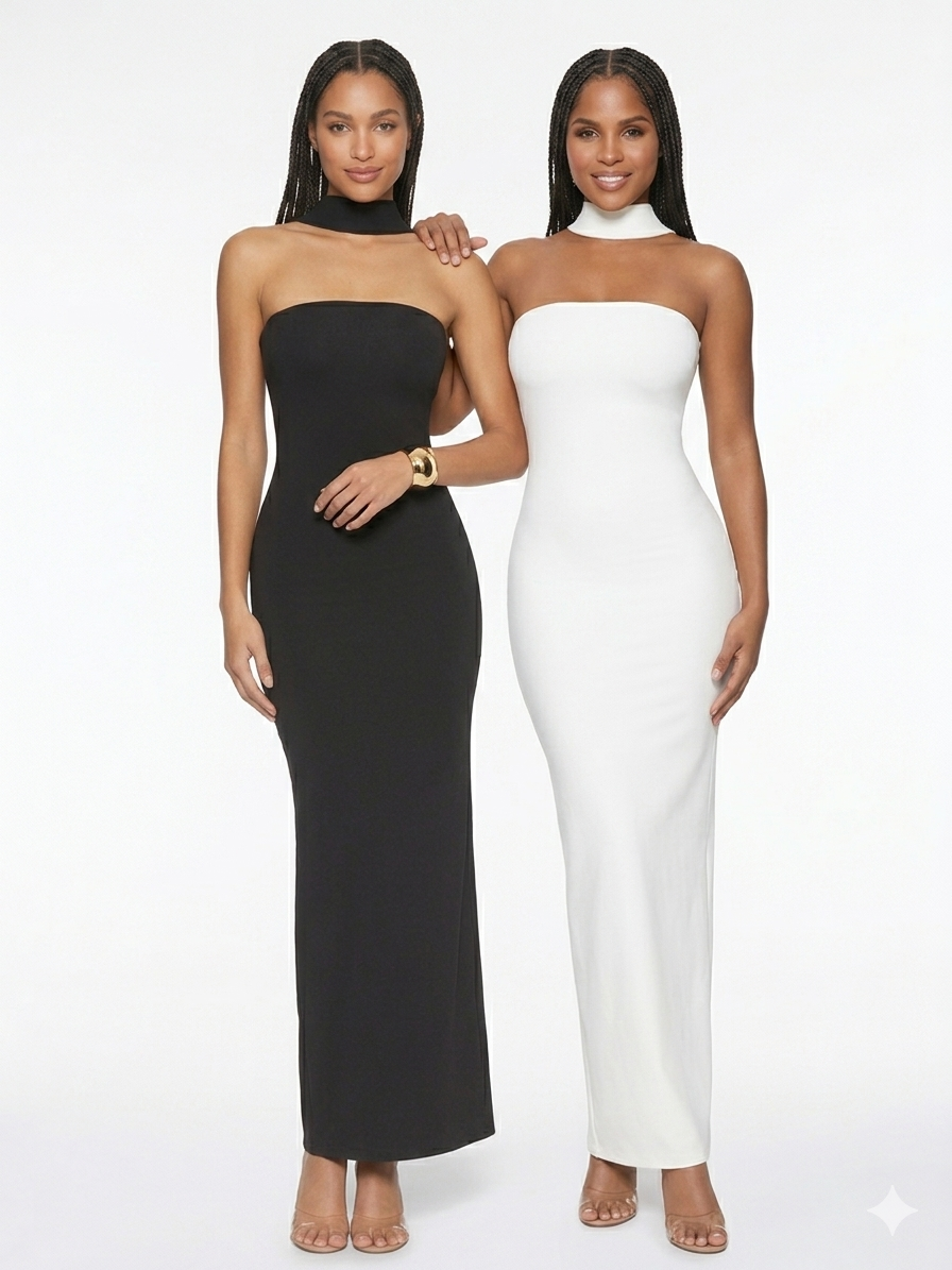 Women’s Strapless Bodycon Maxi Dress – Ruched Slit Backless Summer Tube Dress with Scarf