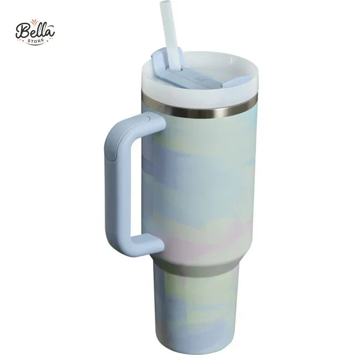Gradient tumbler with handle and straw on a white background, featuring the Bella brand.